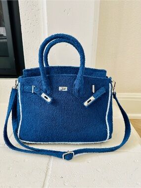 Deep Blue Textured Satchel with White Trim - Women's Top-Handle Shoulder Bag